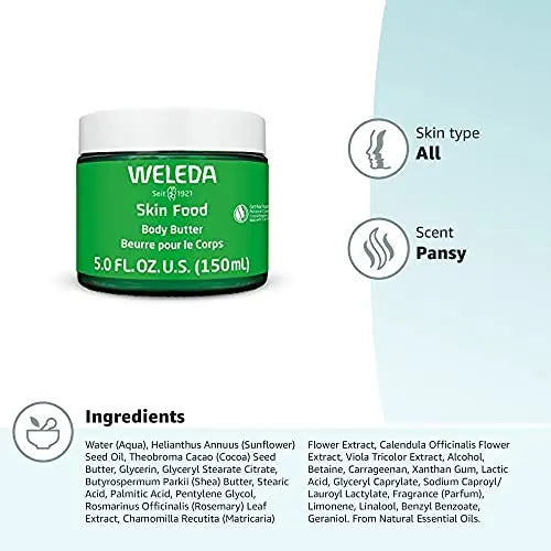 Weleda Skin Food Body Butter 5 Fluid Ounce, Sustainable Glass Jar, Plant Rich Hydrating Moisturizer with Shea and Cocoa Butter, Sweet Almond Oil and Pansy Weleda