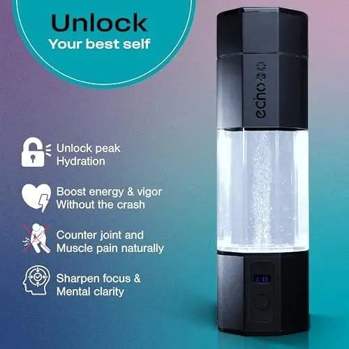 Echo Go+ Hydrogen Water Bottle - Water Ionizer Up to 4.5PPM - SPE & PEM Hydrogen Water Generator - Alternative to Hydrogen Water Pitcher - Black Hydrogenated Water Bottle - Planet First Market