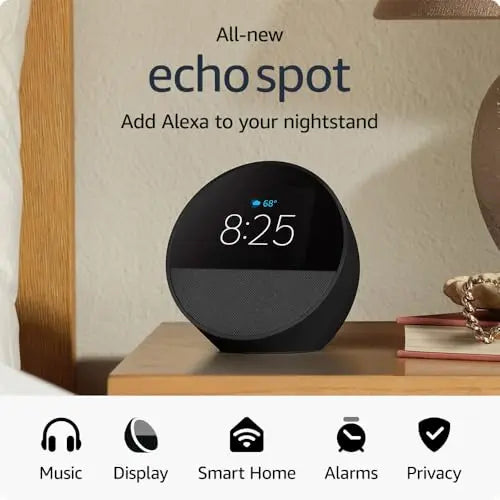 Amazon Echo Spot (2024 release), Smart alarm clock with vibrant sound + Alexa, Black - Planet First Market