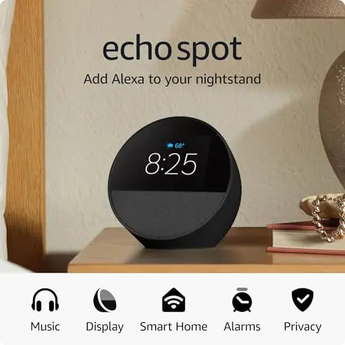 Amazon Echo Spot (2024 release), Smart alarm clock with vibrant sound + Alexa, Black - Planet First Market