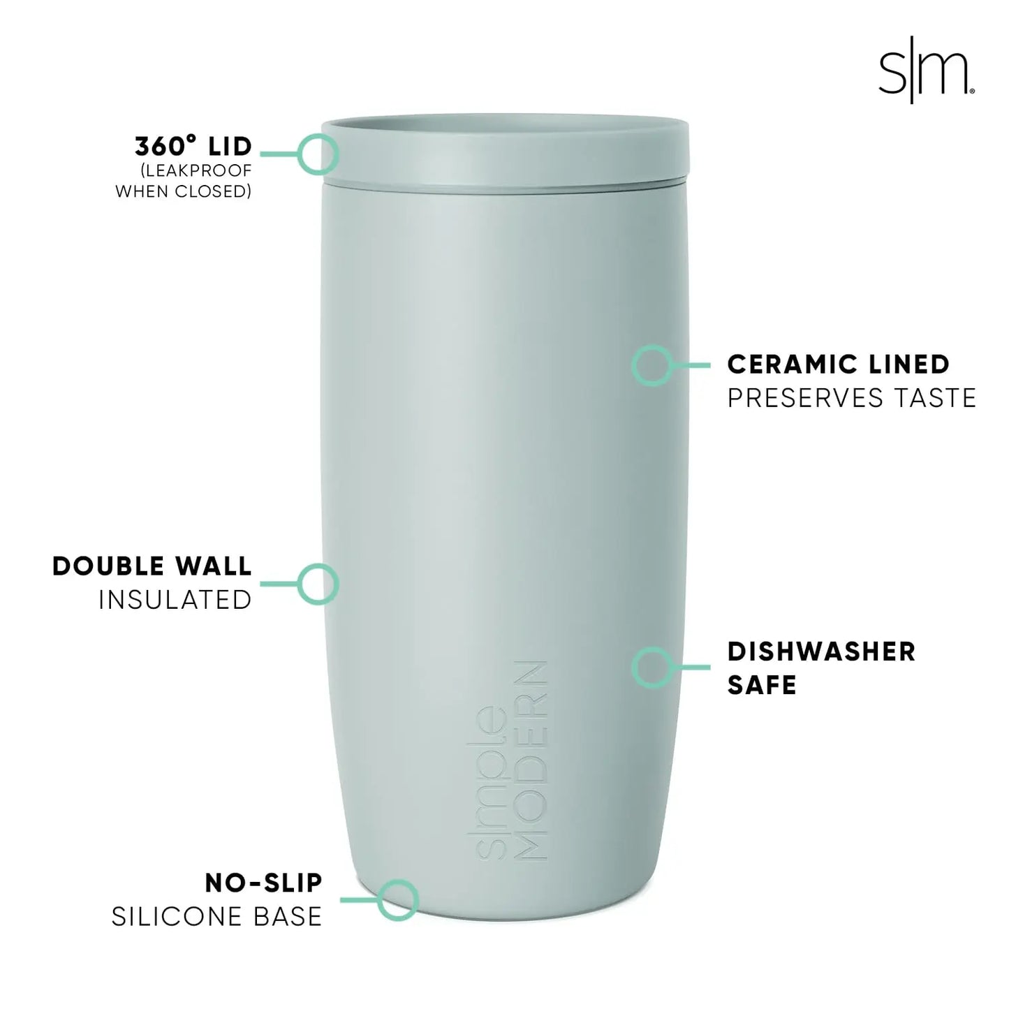 Simple Modern Travel Coffee Mug Tumbler with 360° Lid | Ceramic-Lined Insulated Stainless Steel Cold Brew Iced Coffee Cup | Gifts for Women Men Her Him | Voyager Signature | 16oz | Sea Glass Sage - Planet First Market