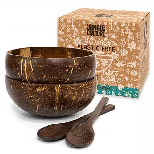 Jungle Culture 2 Polished Coconut Bowl and Wooden Spoons Set with Bamboo Straws • Natural Coconut Smoothie Bowls • Healthy Choice Coco Shell Acai & Buddha Bowls • Eco Friendly Vegan Gifts - Planet First Market