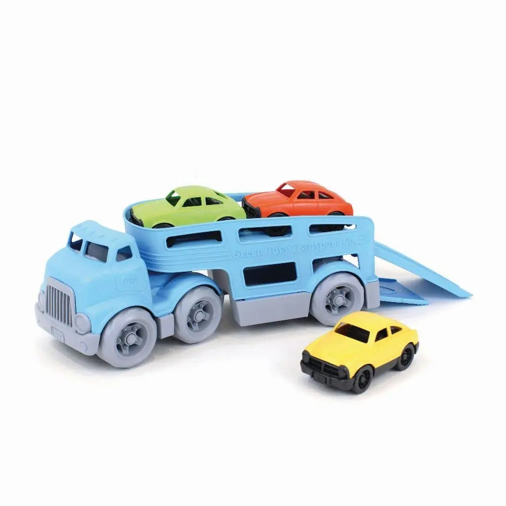 Green Toys Car Carrier, Blue - Pretend Play, Motor Skills, Kids Toy Vehicle. No BPA, phthalates, PVC. Dishwasher Safe, Recycled Plastic, Made in USA (4 Piece Set) Green Toys