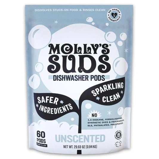 Molly's Suds Dishwasher Pods | Clean Dishwasher Detergent, Cuts Grease & Rinses Clean (Residue-Free) for Sparkling Dishes | 60 Auto-Release Tabs (Unscented) - Planet First Market