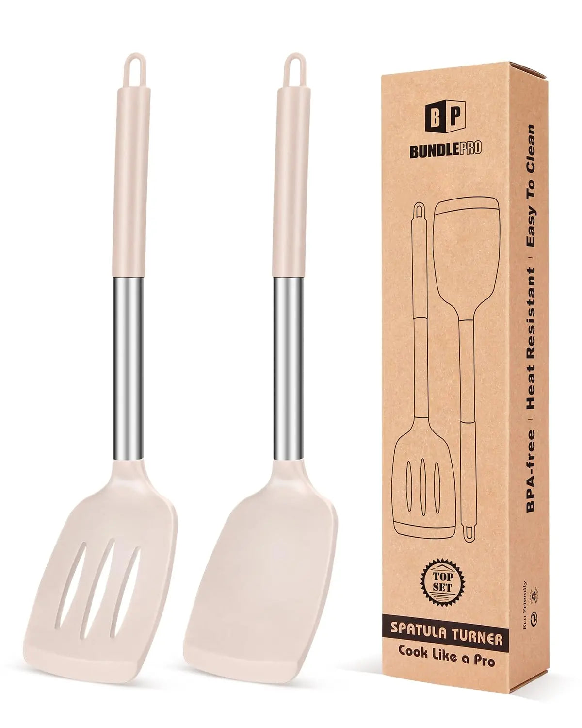 Pack of 2 Silicone Solid Turner, Non Stick Slotted Kitchen Spatulas, High Heat Resistant BPA Free Cooking Utensils, Ideal Cookware for Fish, Eggs, Pancakes(Stainless Steel Khaki) BUNDLEPRO