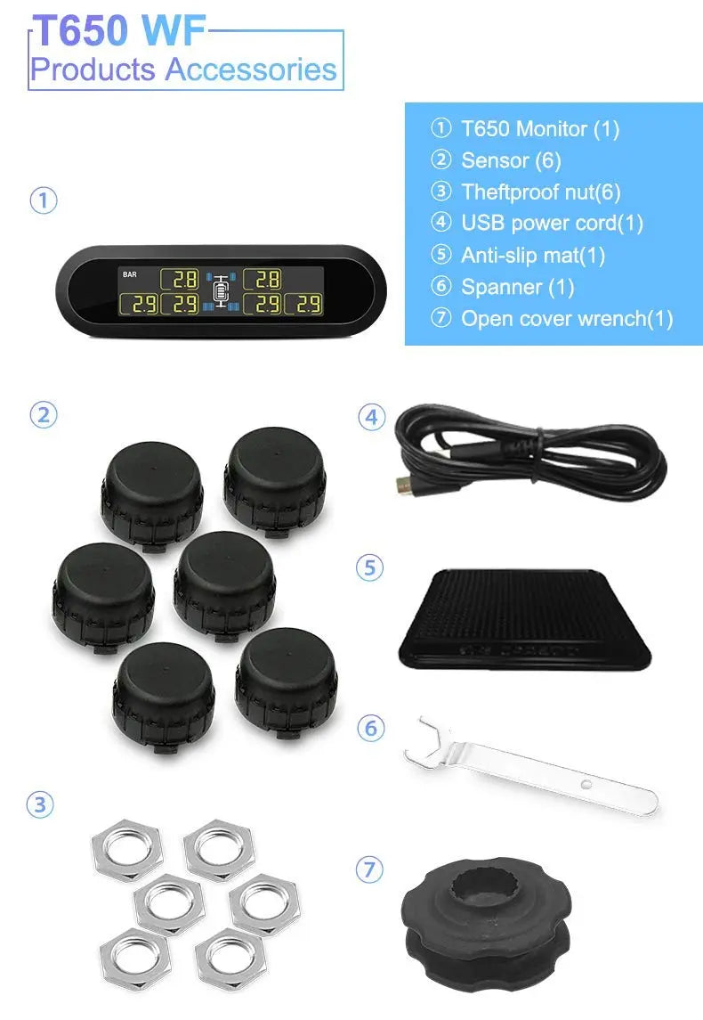 B-Qtech Tire Pressure Monitoring System RV Solar Wireless TPMS High Brightness for Trailer Travel Motorhome(0~199PSI) with 6 Sensors, 5 Alarm Modes Tire Pressure Monitor Real-time Alarm System B-Qtech