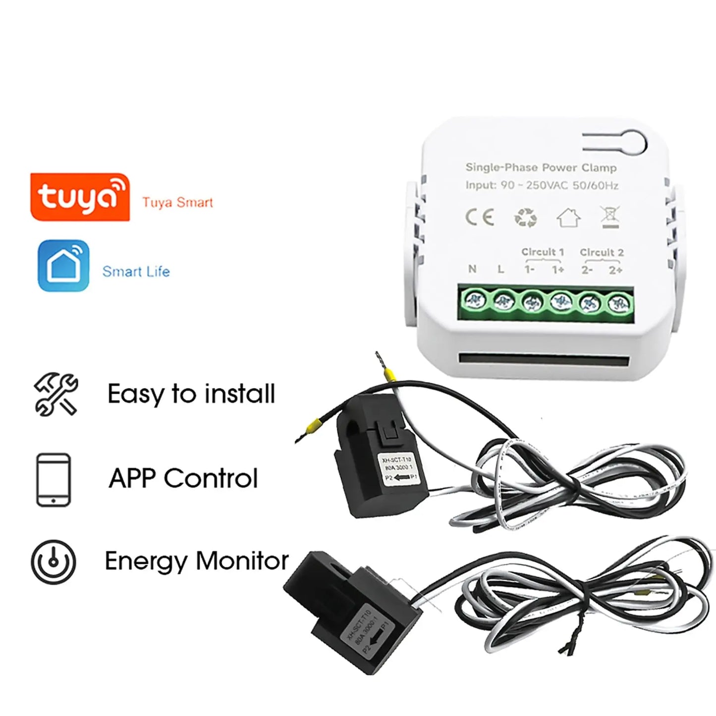 AC110V 220V 80A Tuya App Smart Two-Way Bilateral WiFi Energy Meter with 2PCS 80A CT Current Transformers Clamps Sensors KWh Power Eenrgy Electricity Consumption Monitor Meter Voltmeter Ammeter EARUMZDQ