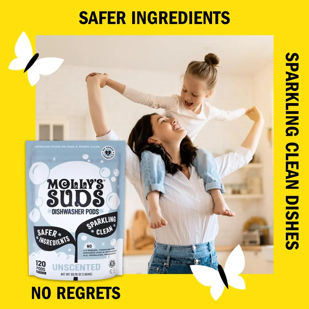 Molly's Suds Dishwasher Pods | Clean Dishwasher Detergent, Cuts Grease & Rinses Clean (Residue-Free) for Sparkling Dishes | 60 Auto-Release Tabs (Unscented) - Planet First Market