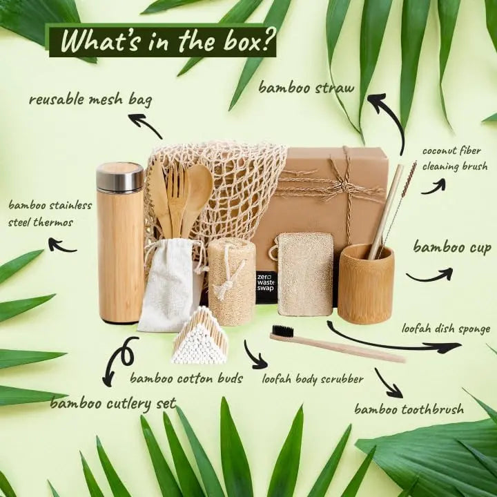 Zero Waste Starter Kit | Sustainable Gifts | Bamboo Stainless Steel Thermos | Mesh Bag | Eco-Friendly Gift Set | Reusable & Biodegradable Environmental Home Kitchen Products | Low Waste Packaging - Planet First Market