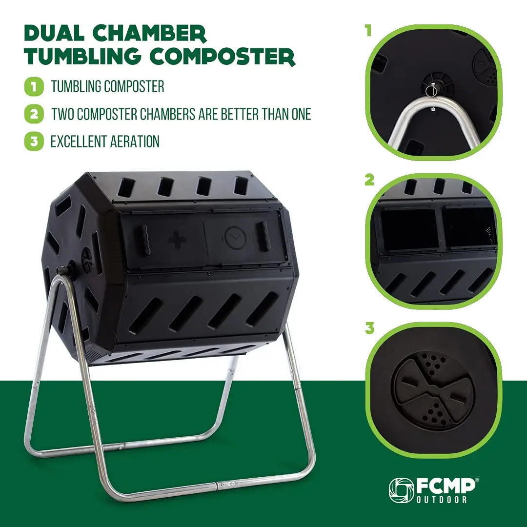 FCMP Outdoor IM4000 Dual Chamber Tumbling Composter Canadian-Made, 100% Recycled Resin - Outdoor Rotating Compost Tumbler Bin for Garden, Kitchen, and Yard Waste, Black (37 Gallon) - Planet First Market