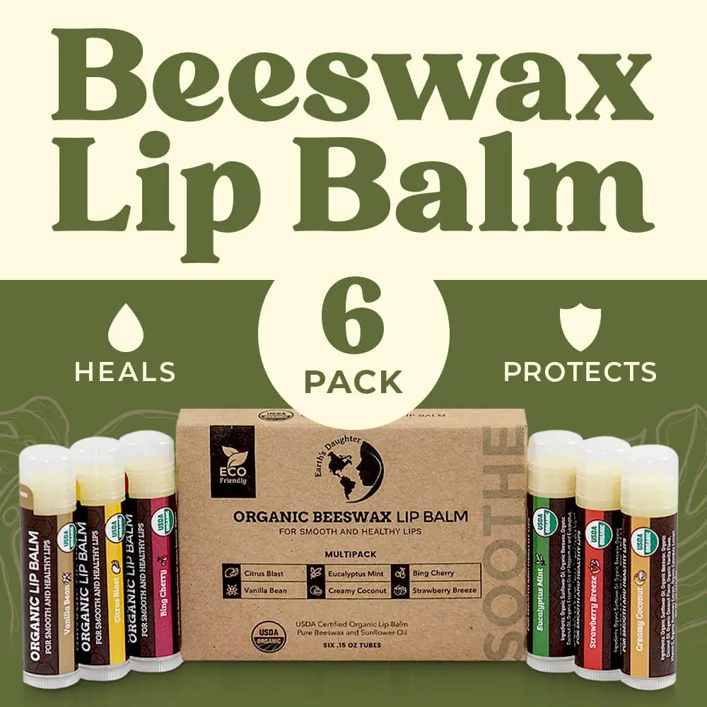 USDA Organic Lip Balm 6-Pack by Earth's Daughter - Fruit Flavors, Beeswax, Coconut Oil, Vitamin E - Best Lip Repair Chapstick for Dry Cracked Lips - Moisturizing Lip Care - Planet First Market