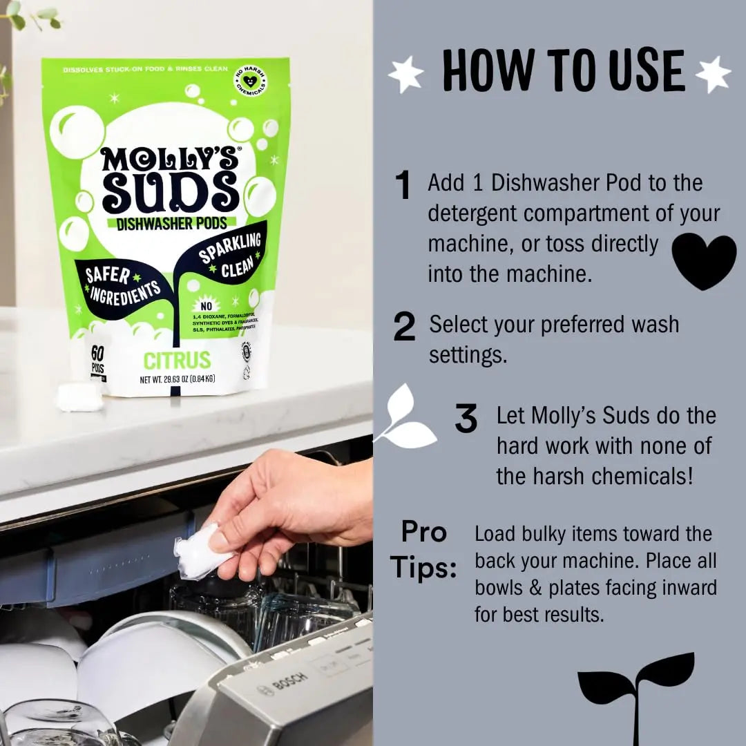 Molly's Suds Dishwasher Pods | Clean Dishwasher Detergent, Cuts Grease & Rinses Clean (Residue-Free) for Sparkling Dishes | 60 Auto-Release Tabs (Unscented) - Planet First Market