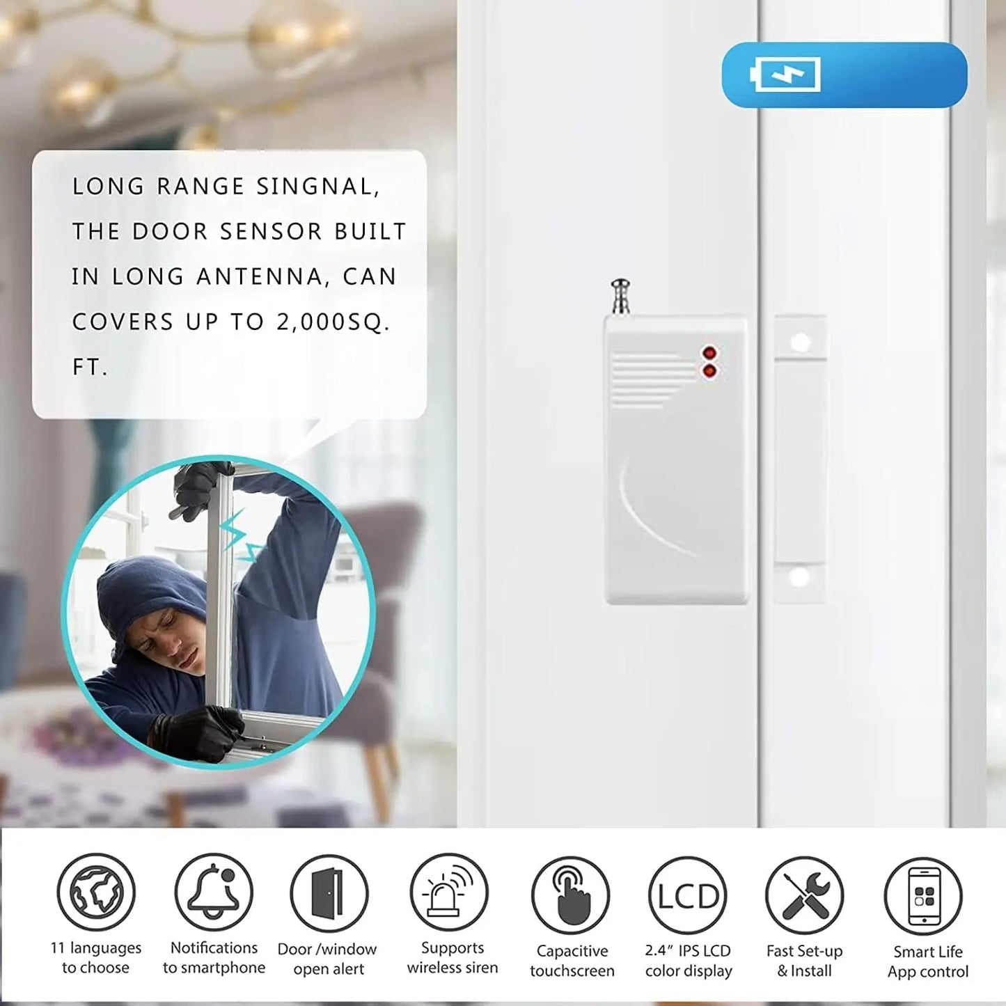 WiFi and GSM Home Security Alarm System, Door/Window Sensor (x10) Motion Detector (x1) with Smart Life and Tuya App Alert, Works with Google Assistant and Alexa SOUJAMAO