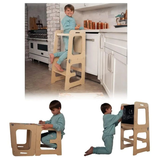 Avenlur Date 4-in-1 Foldable Kitchen Tower - Toddler Step Stool with Chalkboard, Desk Table and Chair - Waldorf and Montessori Kitchen Stool - Kitchen Stool Tower for Toddlers 18 Months to 6 Years - Planet First Market