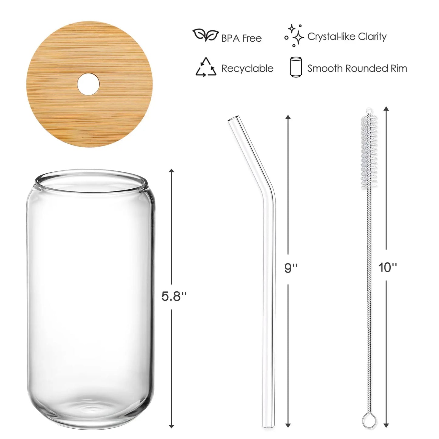 NETANY [ 8pcs Set ] Drinking Glasses with Bamboo Lids and Glass Straw - 16oz Glass Cups, Beer Glasses, Iced Coffee Glasses, Cute Tea Cup, Ideal for Cocktail, Whiskey, Gift - 2 Cleaning Brushes - Planet First Market