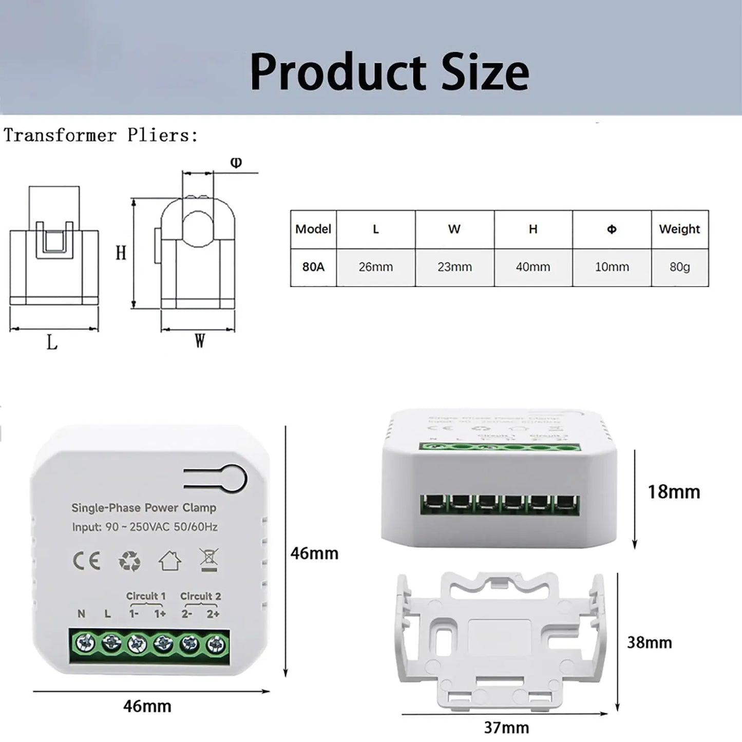 AC110V 220V 80A Tuya App Smart Two-Way Bilateral WiFi Energy Meter with 2PCS 80A CT Current Transformers Clamps Sensors KWh Power Eenrgy Electricity Consumption Monitor Meter Voltmeter Ammeter EARUMZDQ