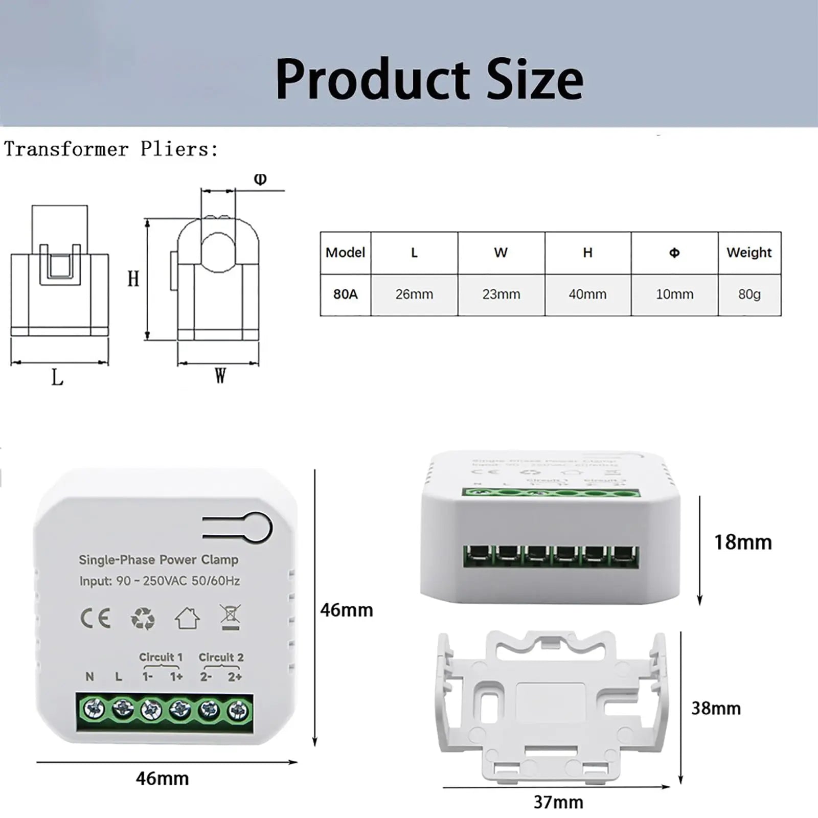 AC110V 220V 80A Tuya App Smart Two-Way Bilateral WiFi Energy Meter with 2PCS 80A CT Current Transformers Clamps Sensors KWh Power Eenrgy Electricity Consumption Monitor Meter Voltmeter Ammeter EARUMZDQ