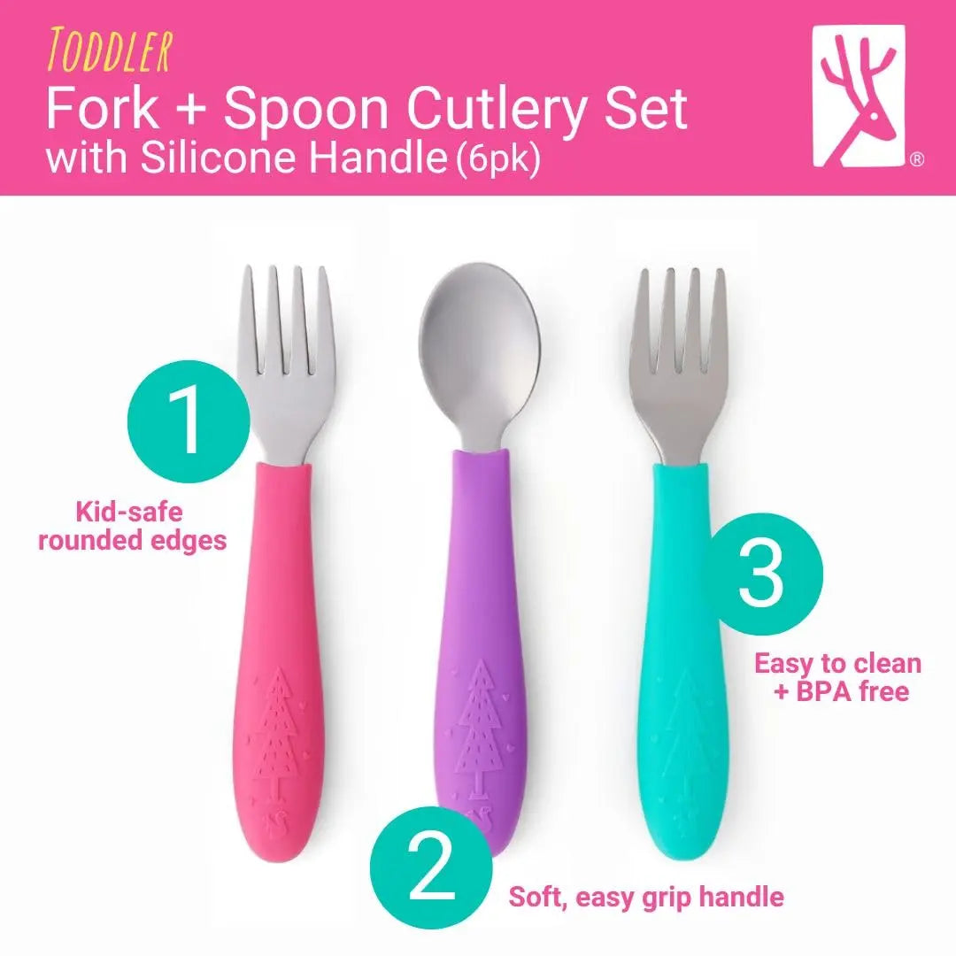 Elk and Friends Kids Silverware with Silicone Handle | Childrens Safe Flatware | Toddler Utensils | Baby Spoons + Forks | Stainless Steel Cutlery - Planet First Market