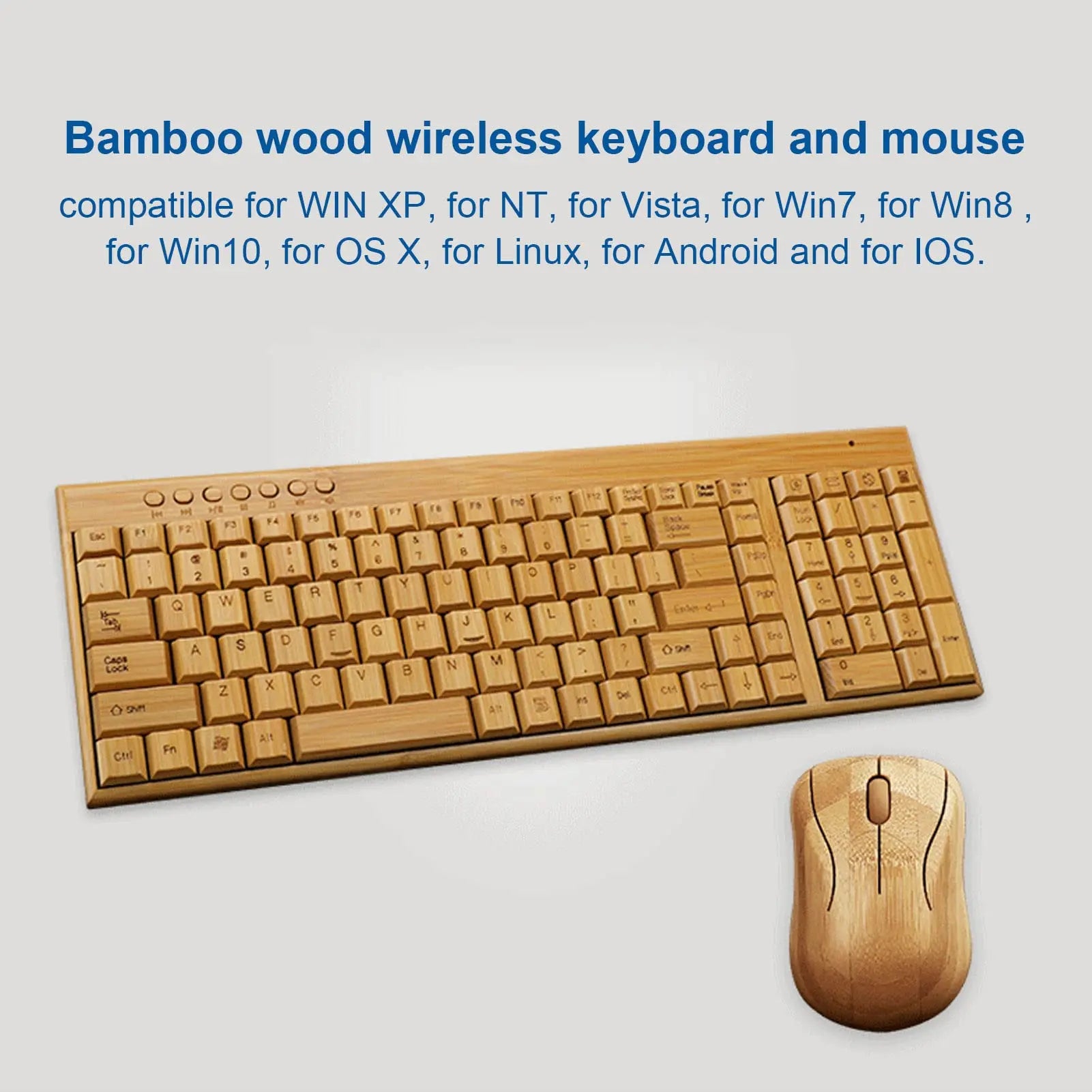 PenRux Keyboard and Mouse, Bamboo Wood Full Sized Keyboard, Unique Compact Mouse, 2.4 GHz USB Receiver for Windows, Laptop Computer, PC Desktop, Plug and Play (Keyboard) - Planet First Market