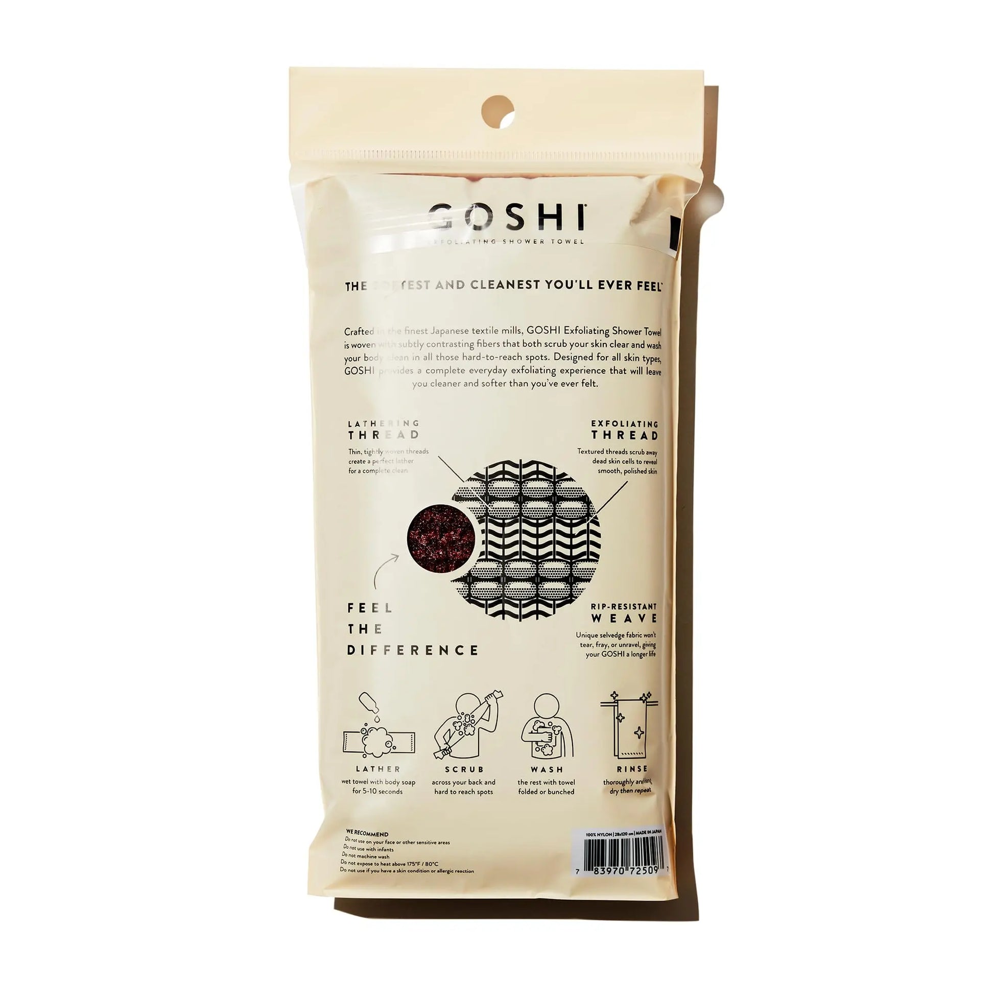 GOSHI Exfoliating Shower Towel - Rip-Resistant Exfoliating Washcloth for All Skin Types - Brick Red - Made in Japan GOSHI