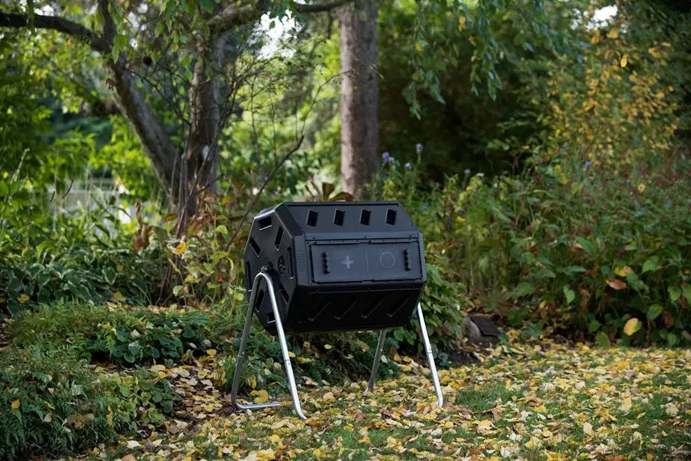 FCMP Outdoor IM4000 Dual Chamber Tumbling Composter Canadian-Made, 100% Recycled Resin - Outdoor Rotating Compost Tumbler Bin for Garden, Kitchen, and Yard Waste, Black (37 Gallon) - Planet First Market