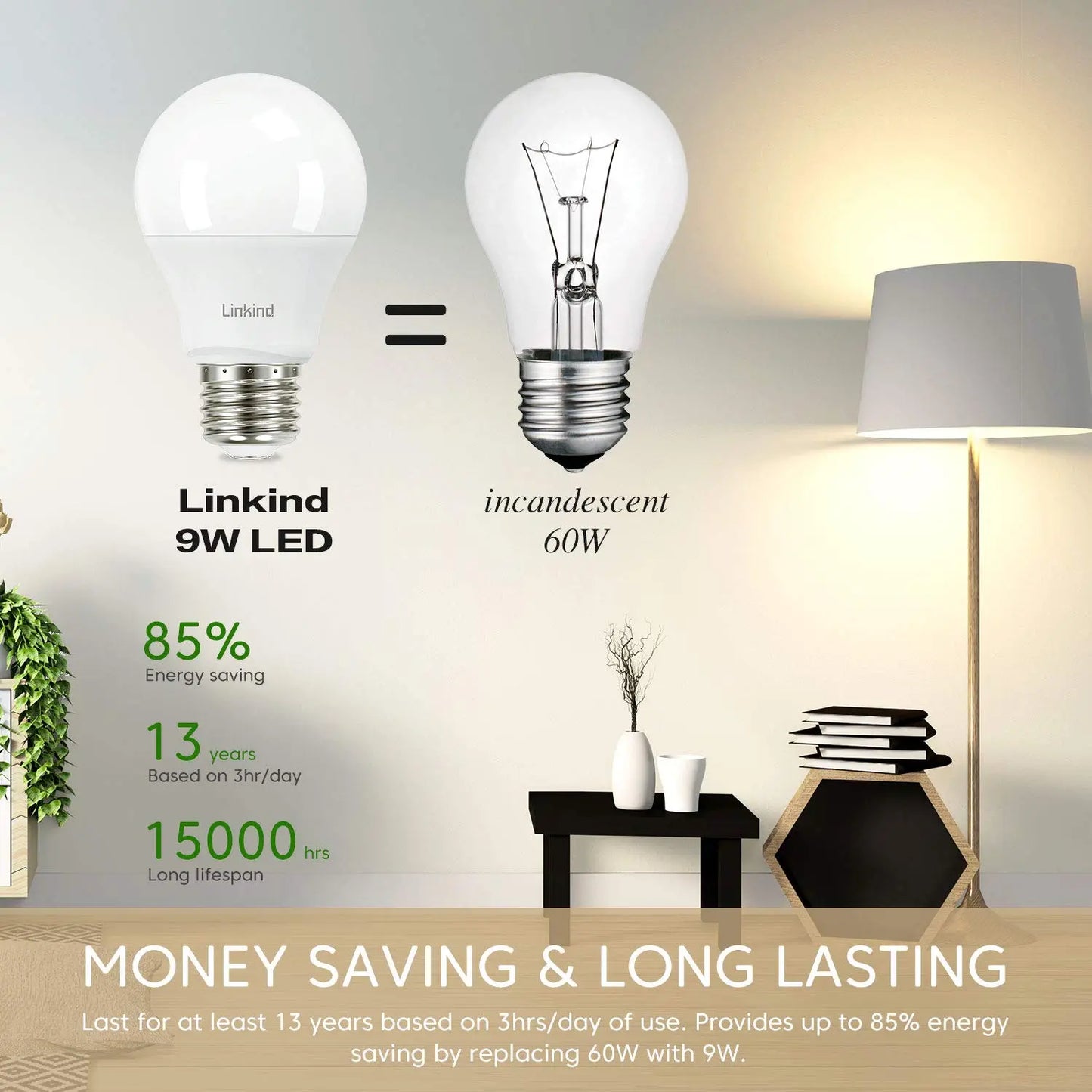 Linkind A19 LED Light Bulb, 60W Equivalent, 9W 2700K Soft White Light Bulbs, 800 Lumens Non-Dimmable LED Bulbs, E26 Standard Base, Energy Efficient UL Listed for Bedroom Home Office, 6 Packs - Planet First Market