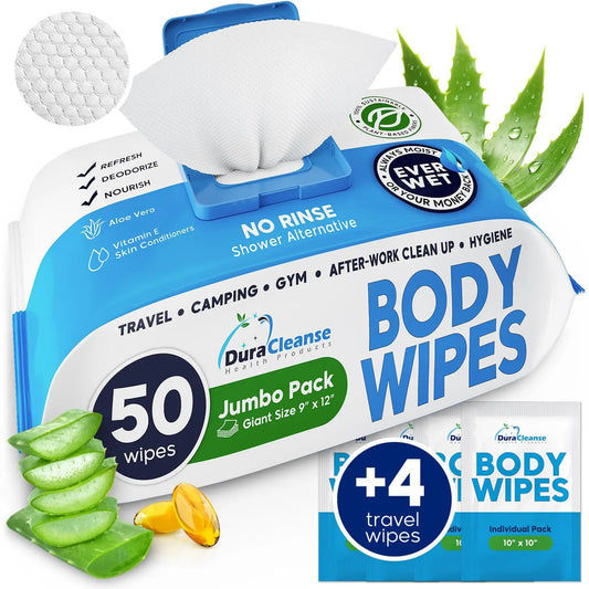 XL Body Wipes for Adults Bathing No Rinse - 50 Ct. + 4 Travel Shower Wipes - 9"x12" Thick Cleansing Bath Wash Wipes for Elderly Incontinence - Disposable Washcloths, Camping Essentials for Women & Men Duracleanse