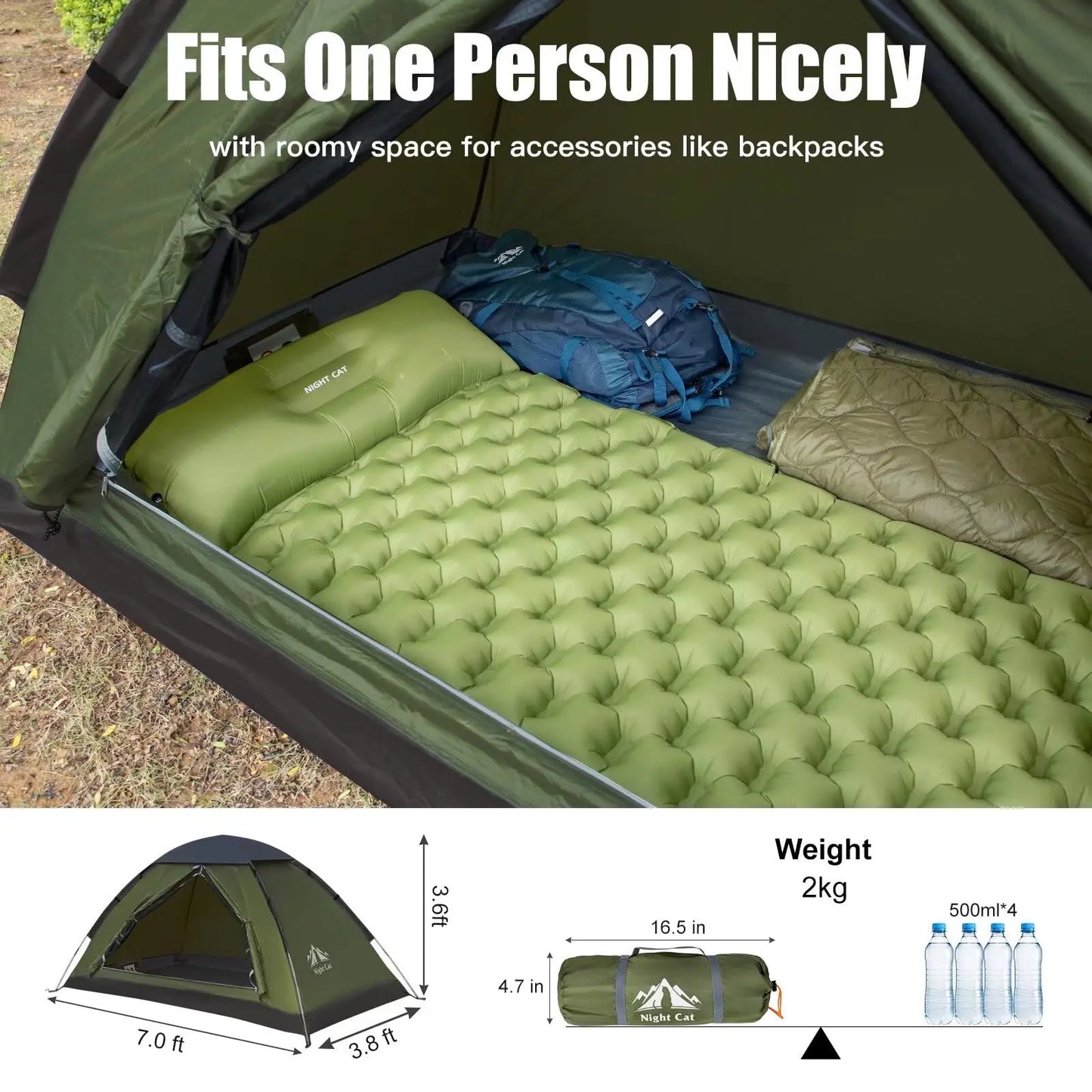 Night Cat Backpacking Tent for One 1 to 2 Persons Lightweight Waterproof Camping Hiking Tent for Adults Kids Scouts Easy Setup Single Layer 2.2x1.2m Night Cat