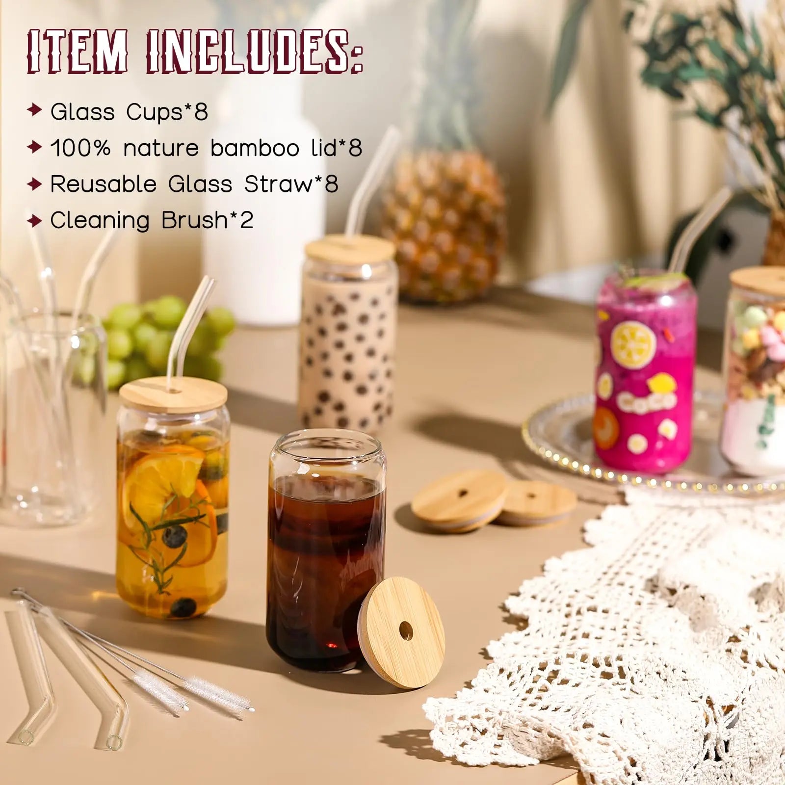 NETANY [ 8pcs Set ] Drinking Glasses with Bamboo Lids and Glass Straw - 16oz Glass Cups, Beer Glasses, Iced Coffee Glasses, Cute Tea Cup, Ideal for Cocktail, Whiskey, Gift - 2 Cleaning Brushes - Planet First Market