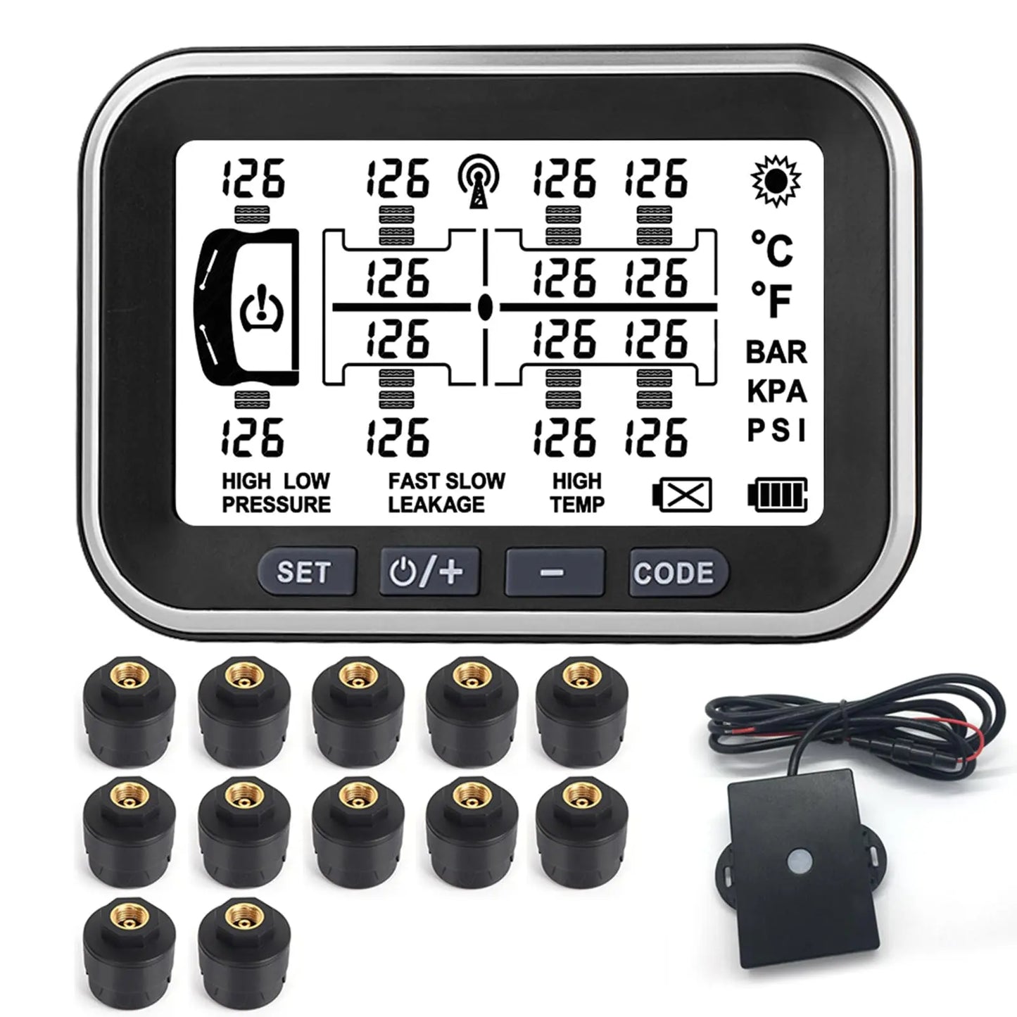 Taimster tire Pressure Monitoring System 0~199PSI (0~13 bar) 12 sensors Signal Booster Two Charging Methods: Solar Energy and USB，Multiple alertf, for Bus/Trucks/RV/Caravan/Motorhome Taimster