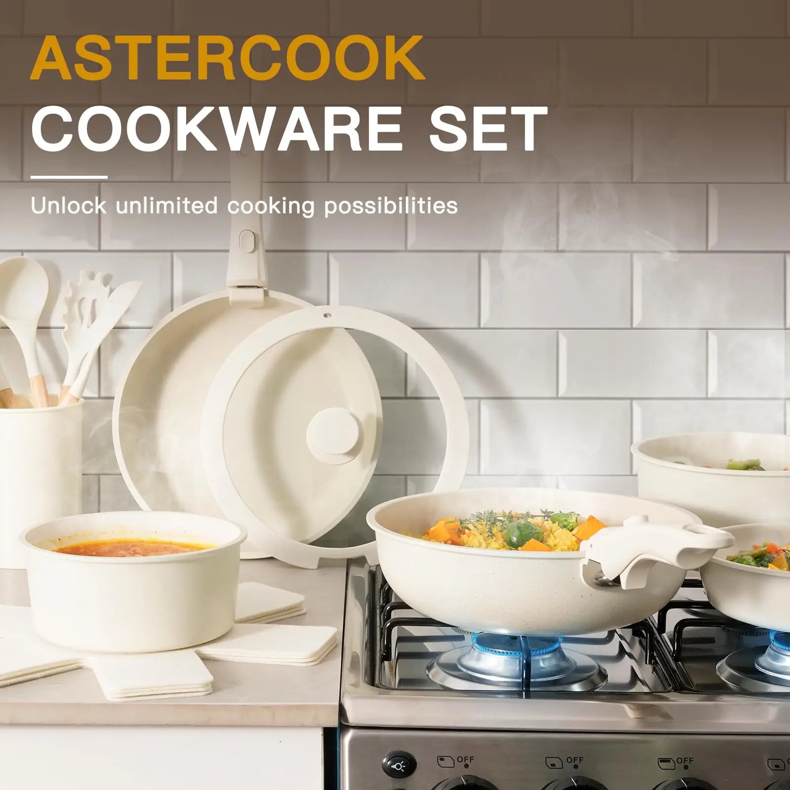 Astercook 21 Pcs Pots and Pans Set Non Stick, Ceramic Cookware Set Detachable Handle, RV Kitchen Cooking Set Removable Handles, Oven Safe, Induction Ready, Stackable Non-stick Set, Cream White - Planet First Market