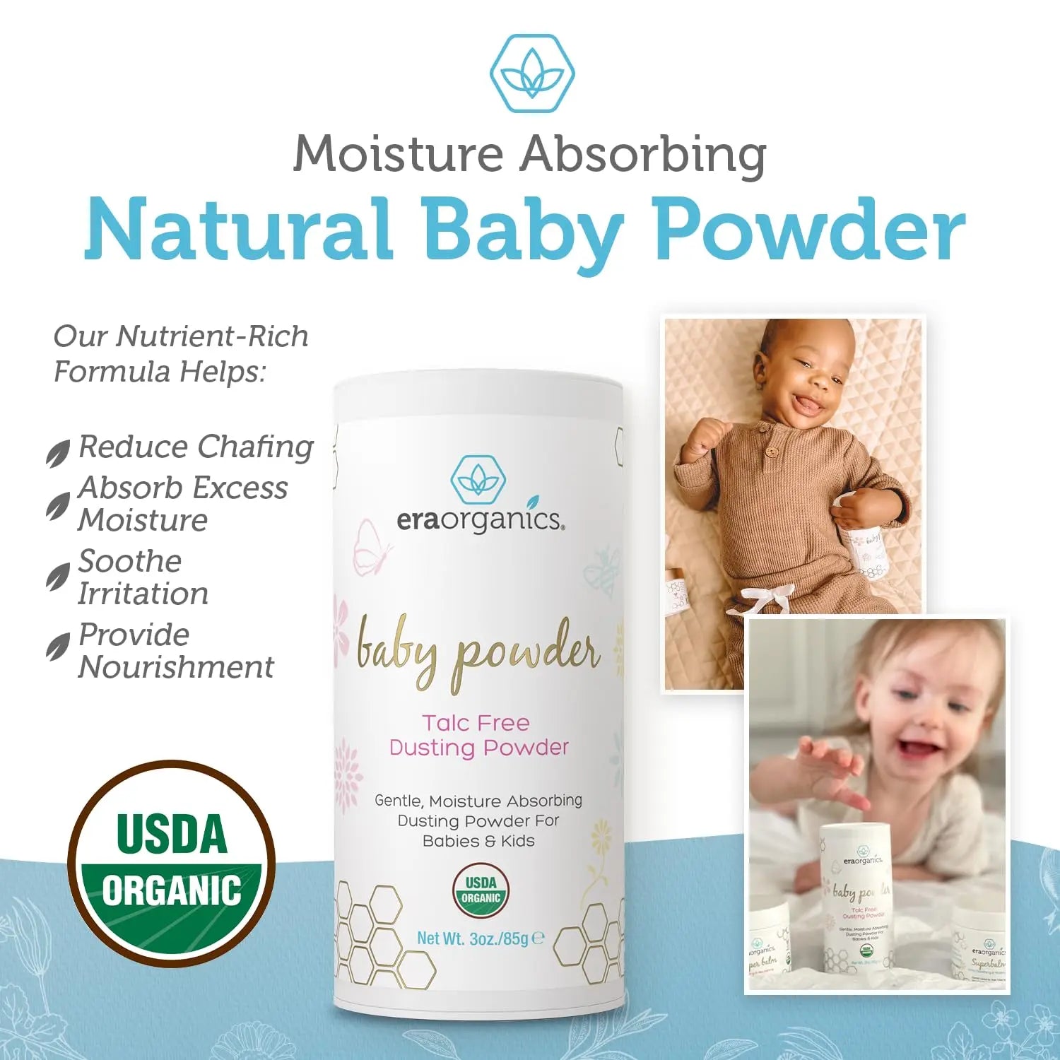 USDA Organic Baby Powder Talc-Free - Soothing Arrowroot, Calendula and Cornstarch for Newborn, Babies or Toddlers - Made in USA - 3oz/85g - Planet First Market