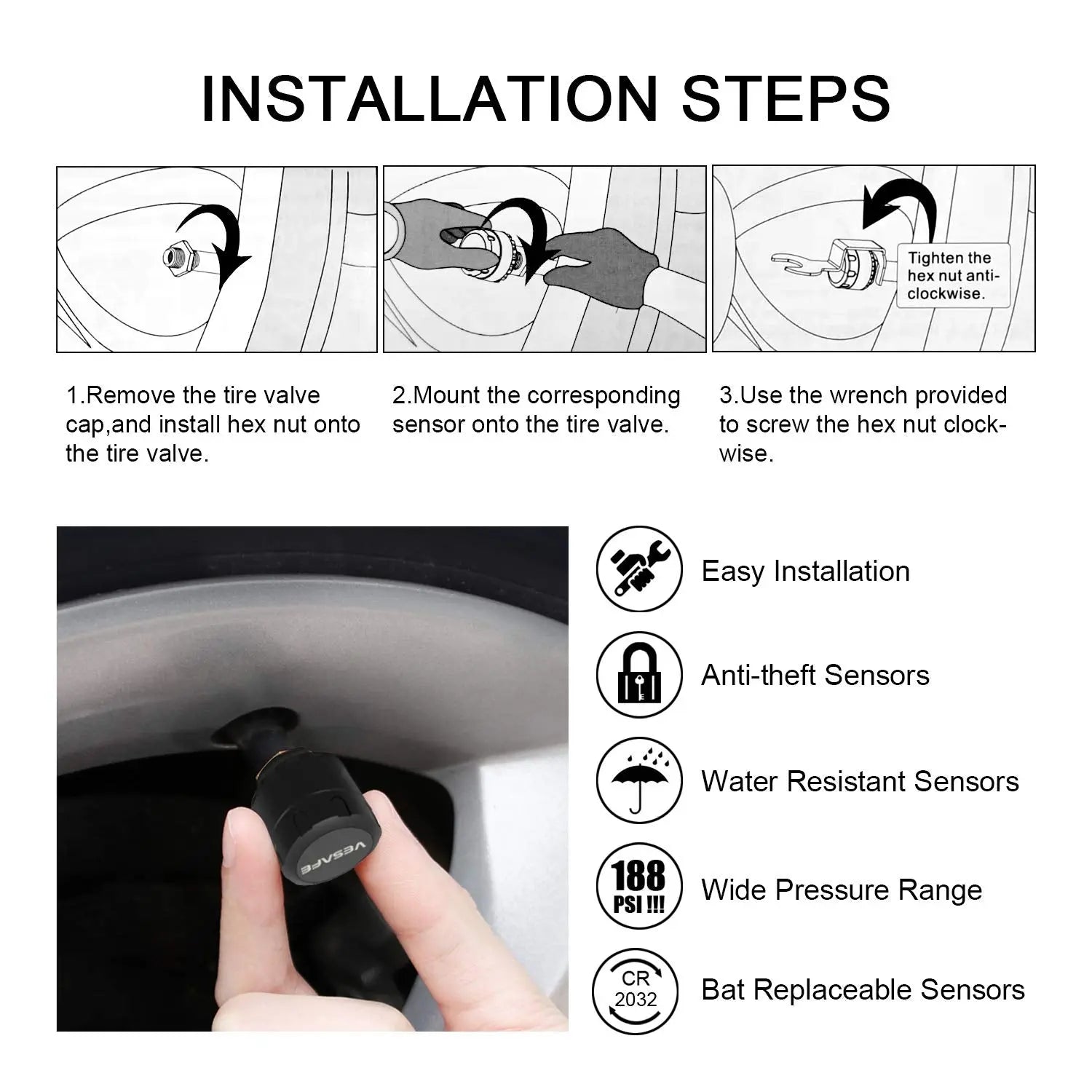 VESAFE TPMS, Wireless Tire Pressure Monitoring System for RV, Trailer, Coach, Motor Home, Fifth Wheel, with 4 Anti-Theft sensors VESAFE