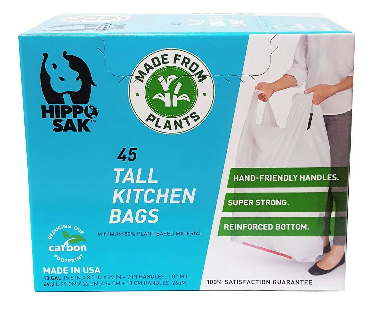 Hippo Sak - Plant Based Tall Kitchen Garbage Bags with Ergonomic Handles - 13 Gallon Trash Bags - Recyclable & Eco Friendly - Super Strong and Leak Proof Tall Kitchen Trash Bags (45 Count) - Planet First Market