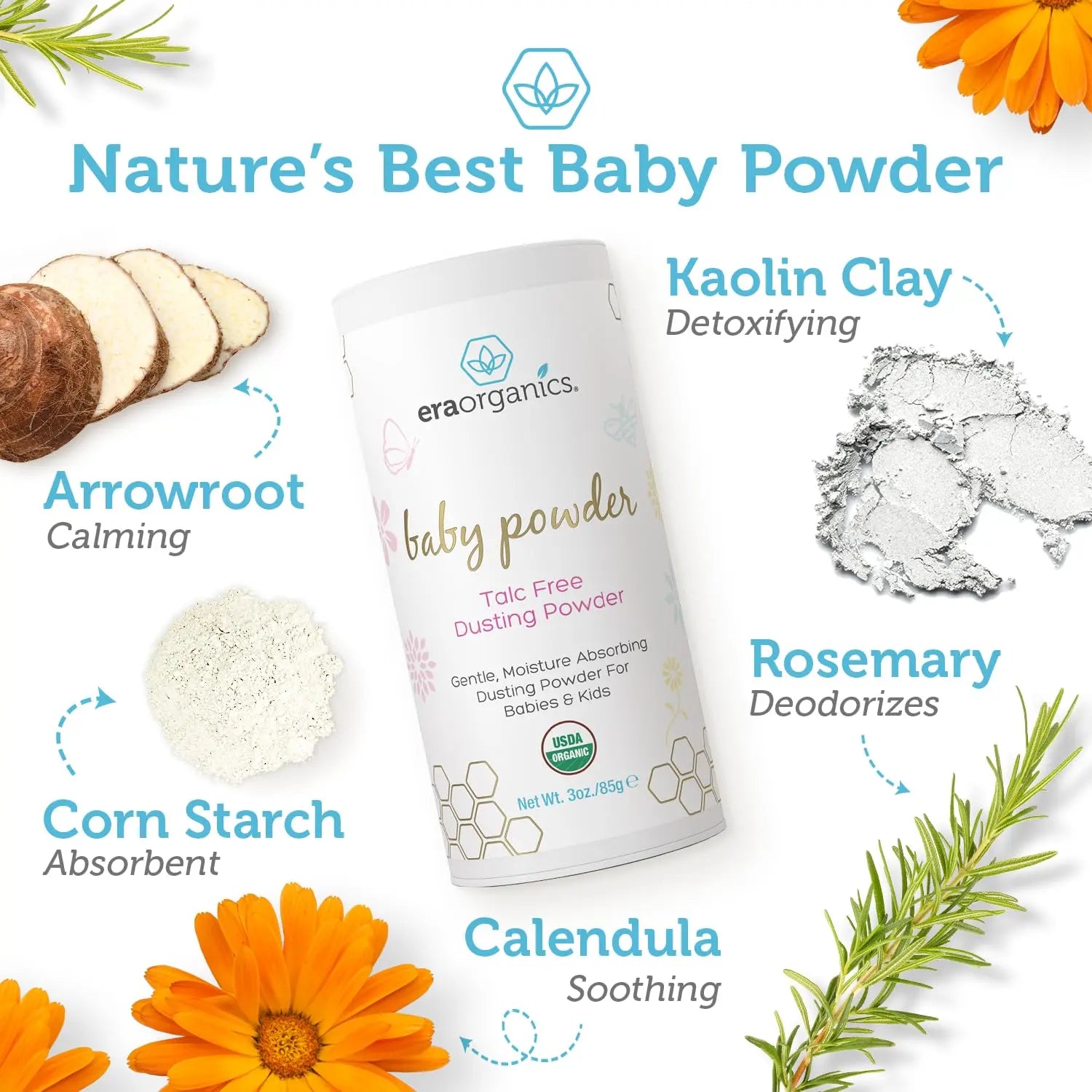 USDA Organic Baby Powder Talc-Free - Soothing Arrowroot, Calendula and Cornstarch for Newborn, Babies or Toddlers - Made in USA - 3oz/85g - Planet First Market