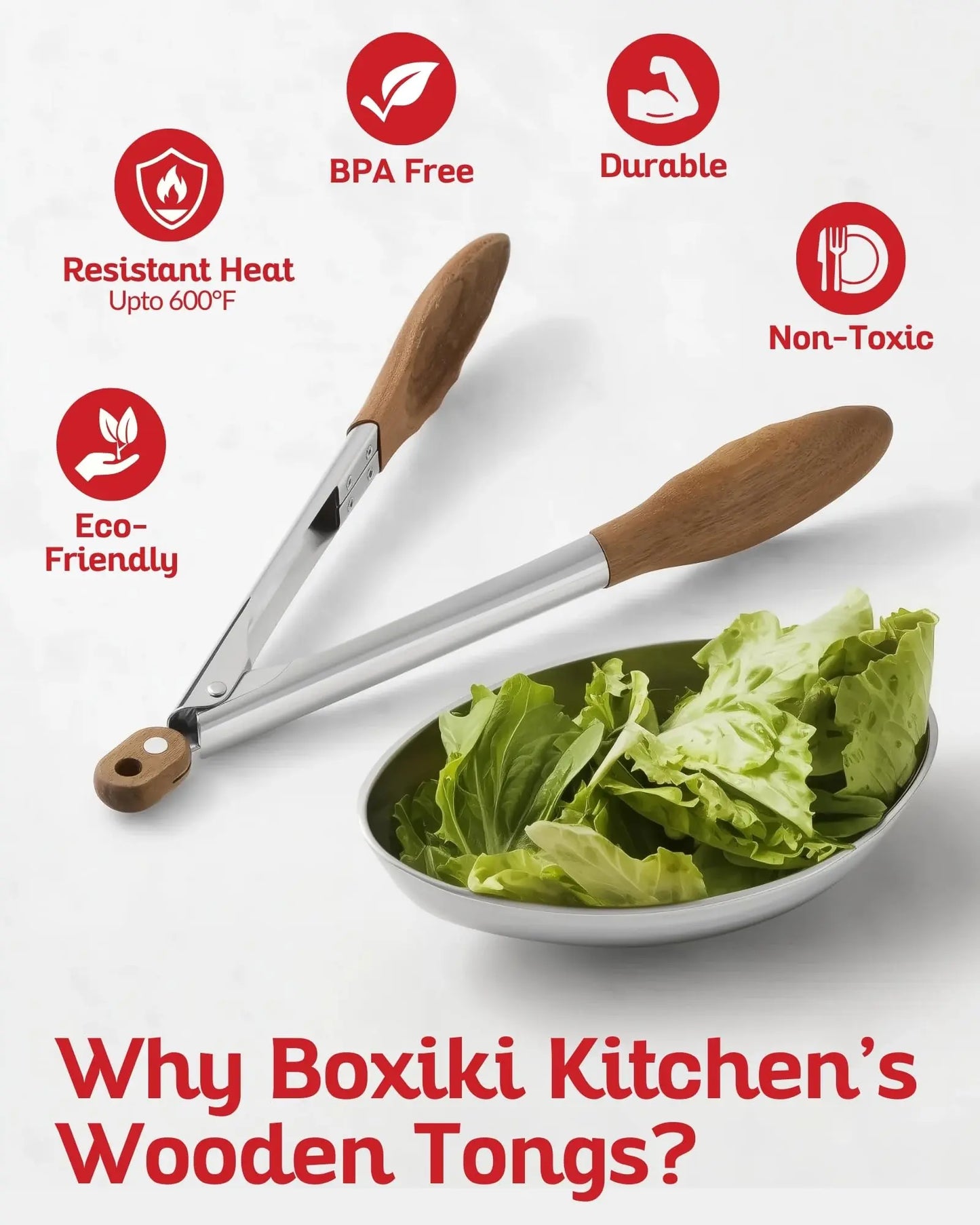 Boxiki Kitchen Tongs for Cooking with Wooden Tips - Nonstick Cooking Tongs & Salad Tongs for Serving Food, Grilling, Cooking, BBQ and Tossing Salad - Made of Natural Walnut Wood, Size 12-inch Boxiki Kitchen