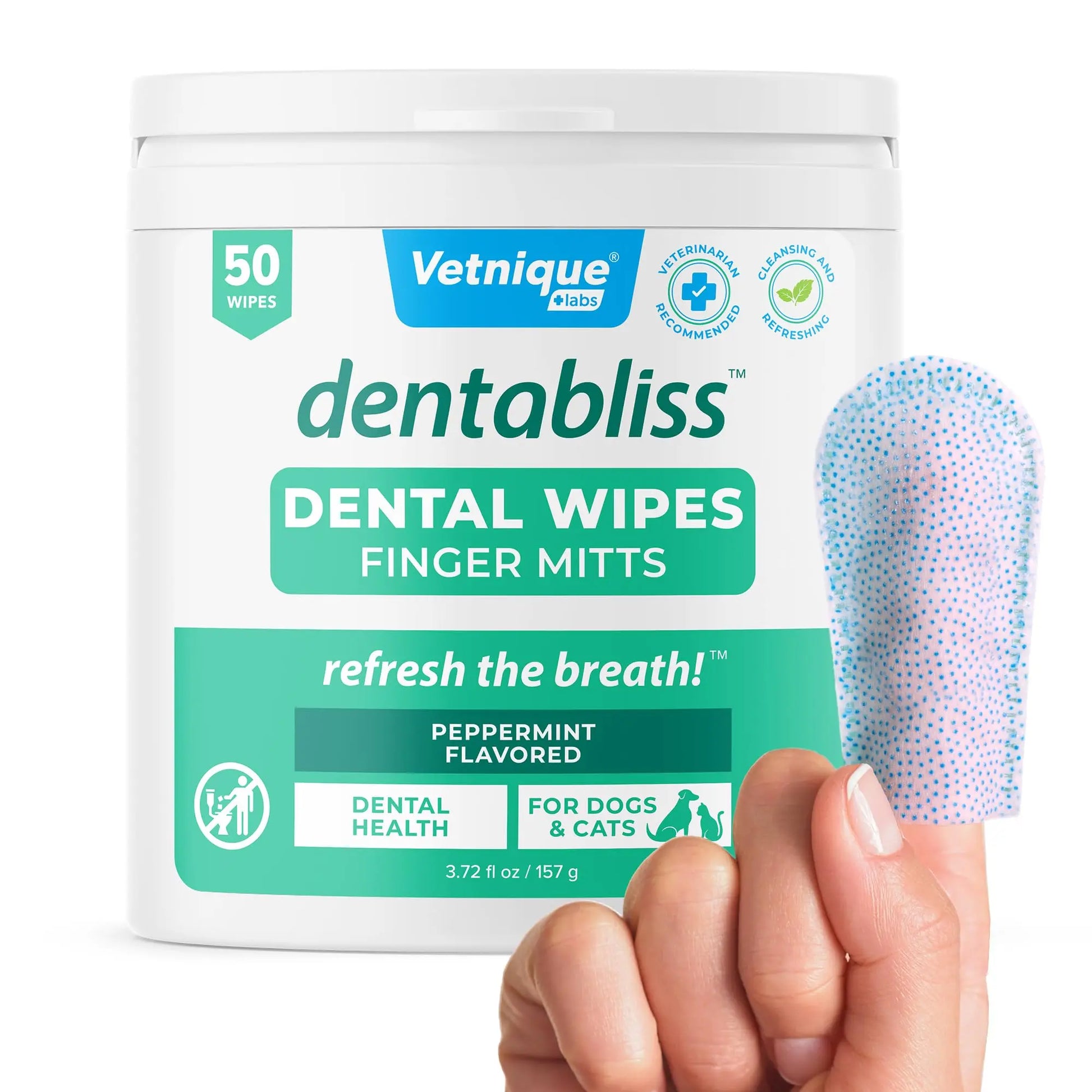 Vetnique Dentabliss - Dog Teeth Cleaning Finger Mitt Dental Wipe - Dog Plaque & Tartar Prevention with Brushing Beads - Flavored Dog Teeth Wipes, Dog Breath Freshener (Peppermint) - Planet First Market