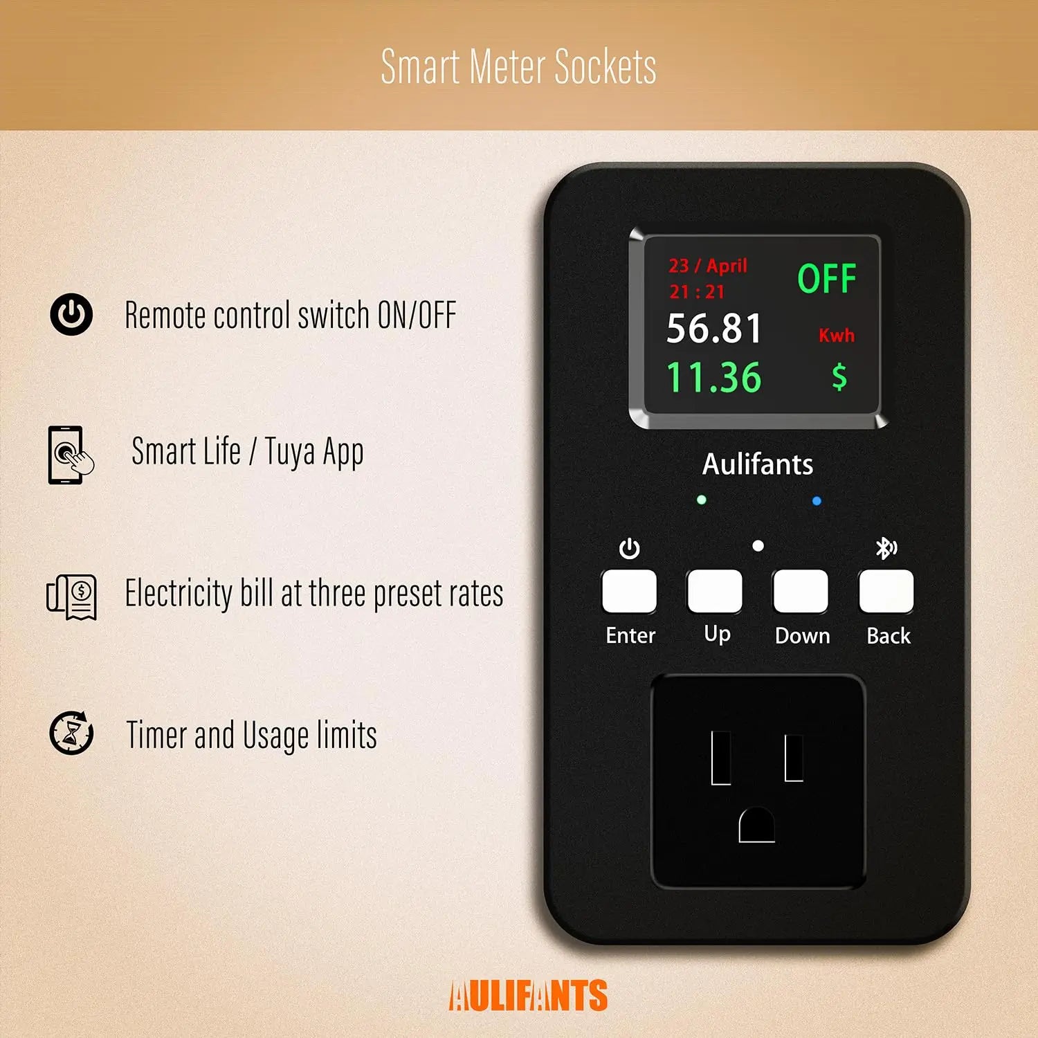 Aulifants LP405 Heavy Duty 25amp Wifi Home Smart Meter Sockets Plug Remote Control Timer Watt Power Monitor Usage Bill Overload Voltage Protection Smartlife Tuya App Voice Control SD Card Store aulifants