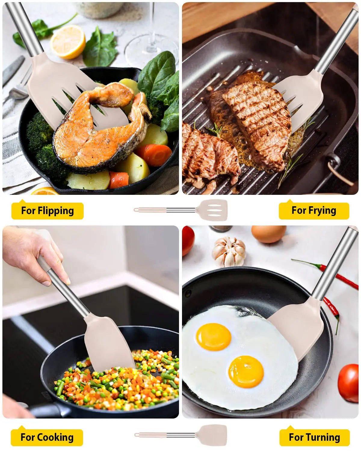 Pack of 2 Silicone Solid Turner, Non Stick Slotted Kitchen Spatulas, High Heat Resistant BPA Free Cooking Utensils, Ideal Cookware for Fish, Eggs, Pancakes(Stainless Steel Khaki) BUNDLEPRO