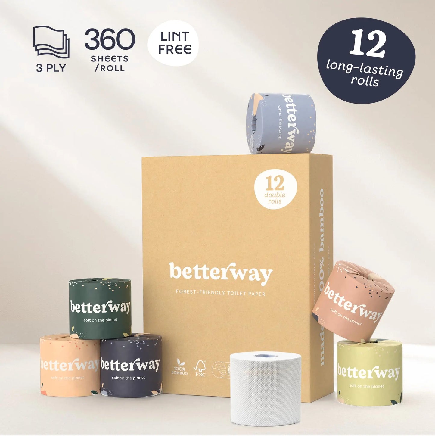 Betterway Bamboo Toilet Paper 3 Ply - Sustainable Toilet Tissue - 12 Double Rolls & 360 Sheets Per Roll - Septic Safe - Organic, Plastic Free - FSC Certified - Planet First Market