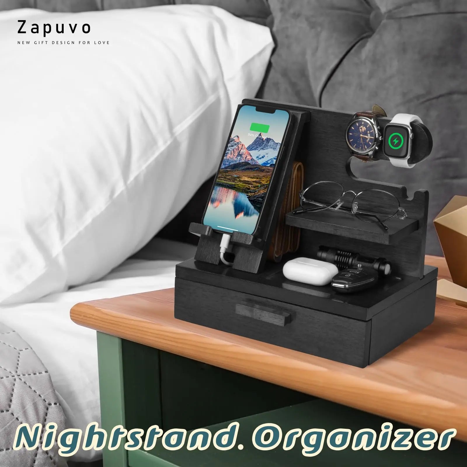 ZAPUVO Men Gifts for Dad Husband Him Valentines Day from Daughter Son Wife, Wood Phone Docking Station with Drawer Nightstand Organizer, Birthday Gifts for Him Anniversary, Cool Gadgets for Boyfriend - Planet First Market