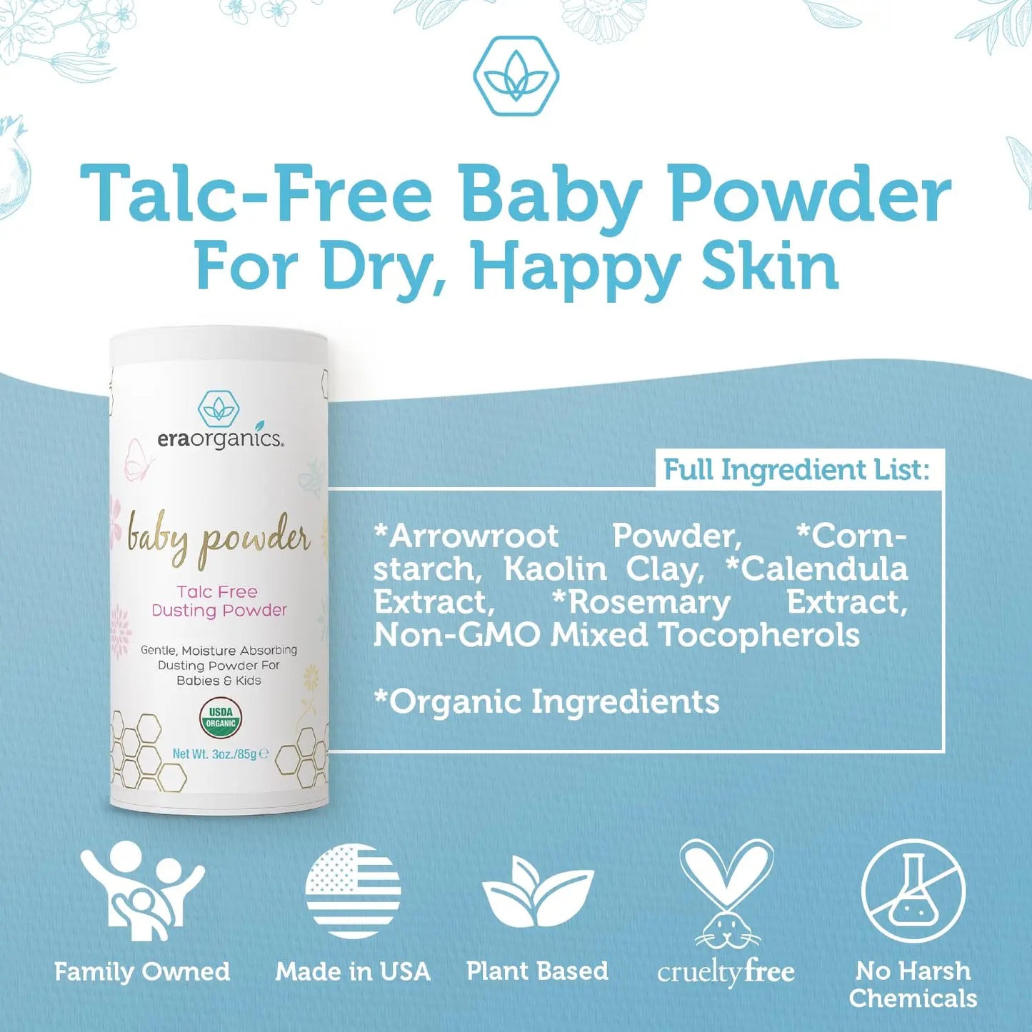 USDA Organic Baby Powder Talc-Free - Soothing Arrowroot, Calendula and Cornstarch for Newborn, Babies or Toddlers - Made in USA - 3oz/85g - Planet First Market