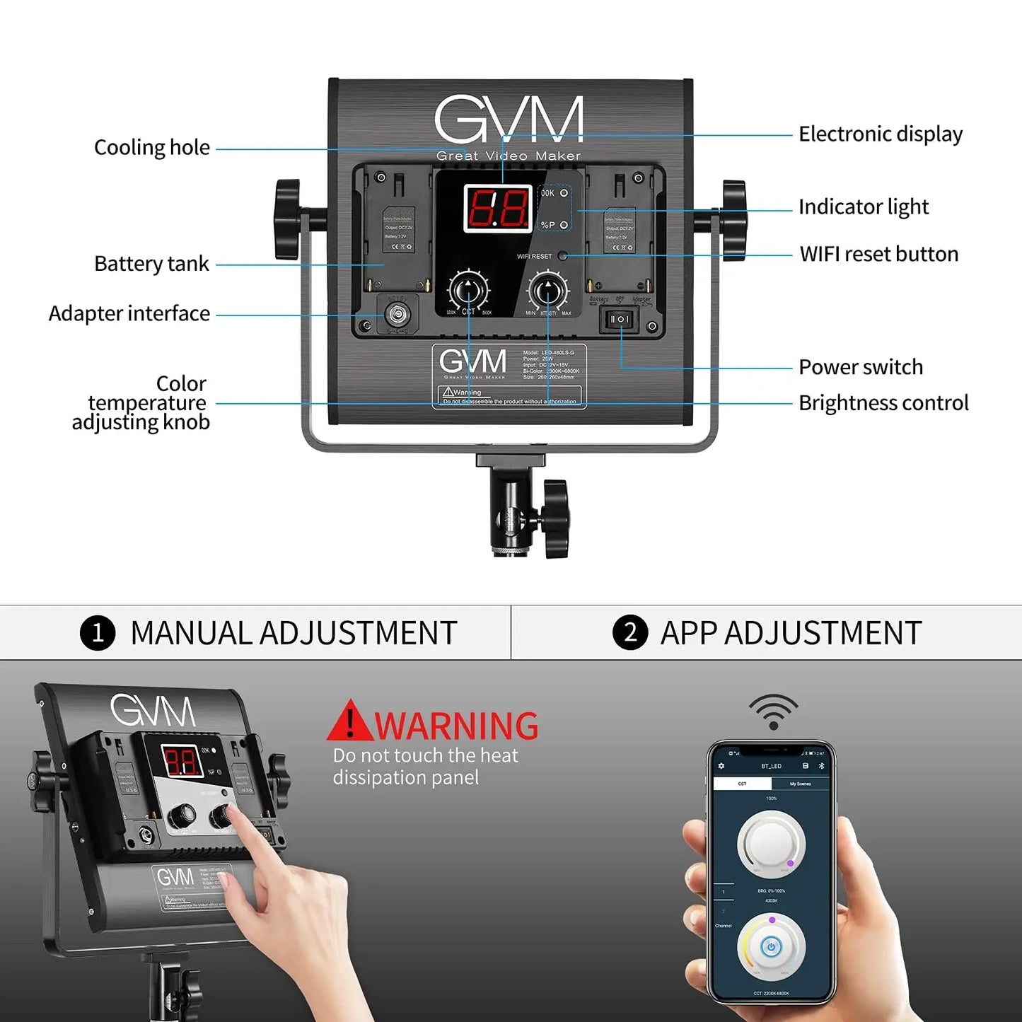 GVM 2 Pack LED Video Lighting Kits with APP Control, Bi-Color Variable 2300K~6800K with Digital Display Brightness of 10~100% for Video Photography, CRI97+ TLCI97 Led Video Light Panel +Barndoor - Planet First Market