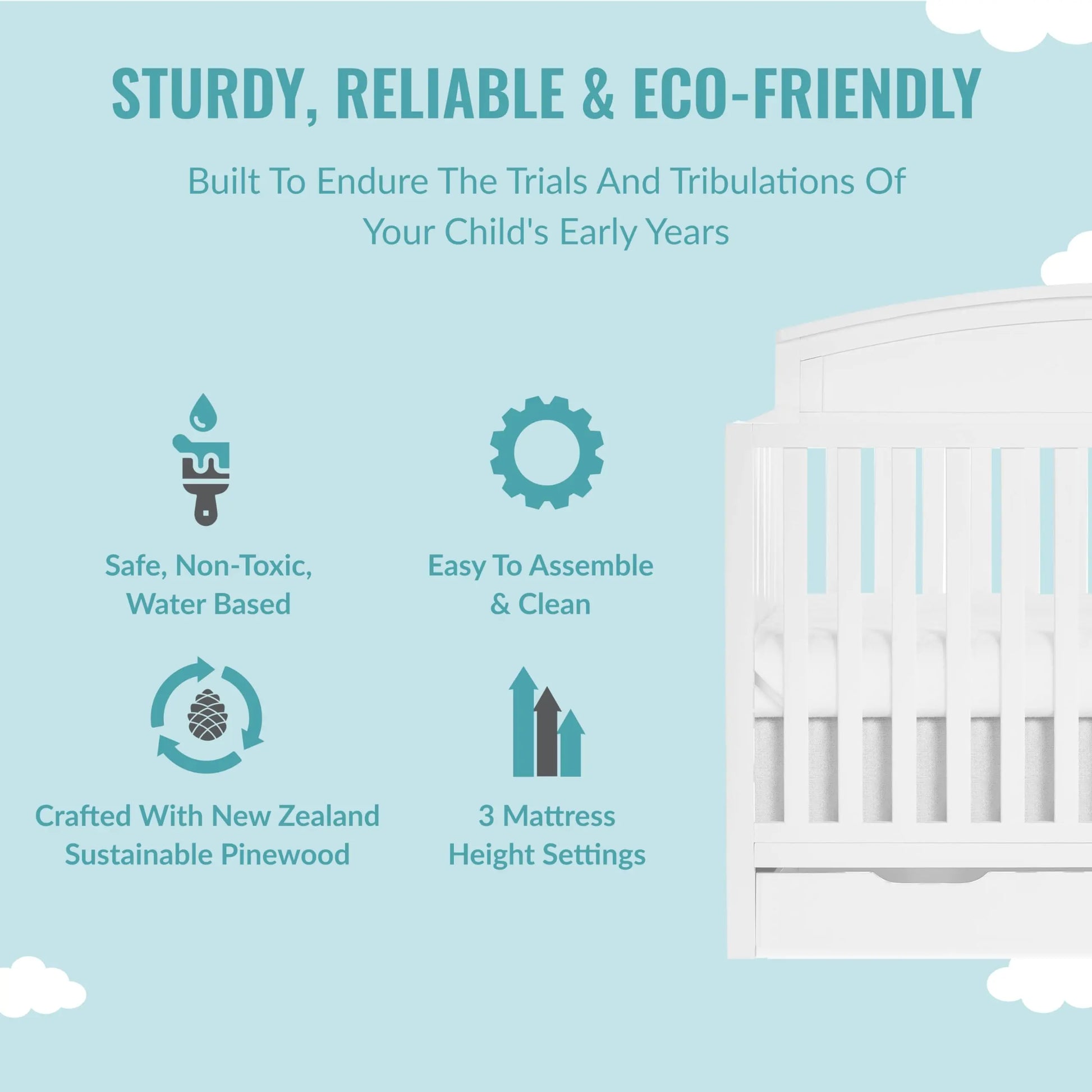 Dream On Me Storybrooke 5 in 1 Convertible Crib with Storage Drawer in White, JPMA & Greenguard Gold Certified, Made of Sustainable Pinewood, Non-Toxic Water-Based Paint Finish - Planet First Market