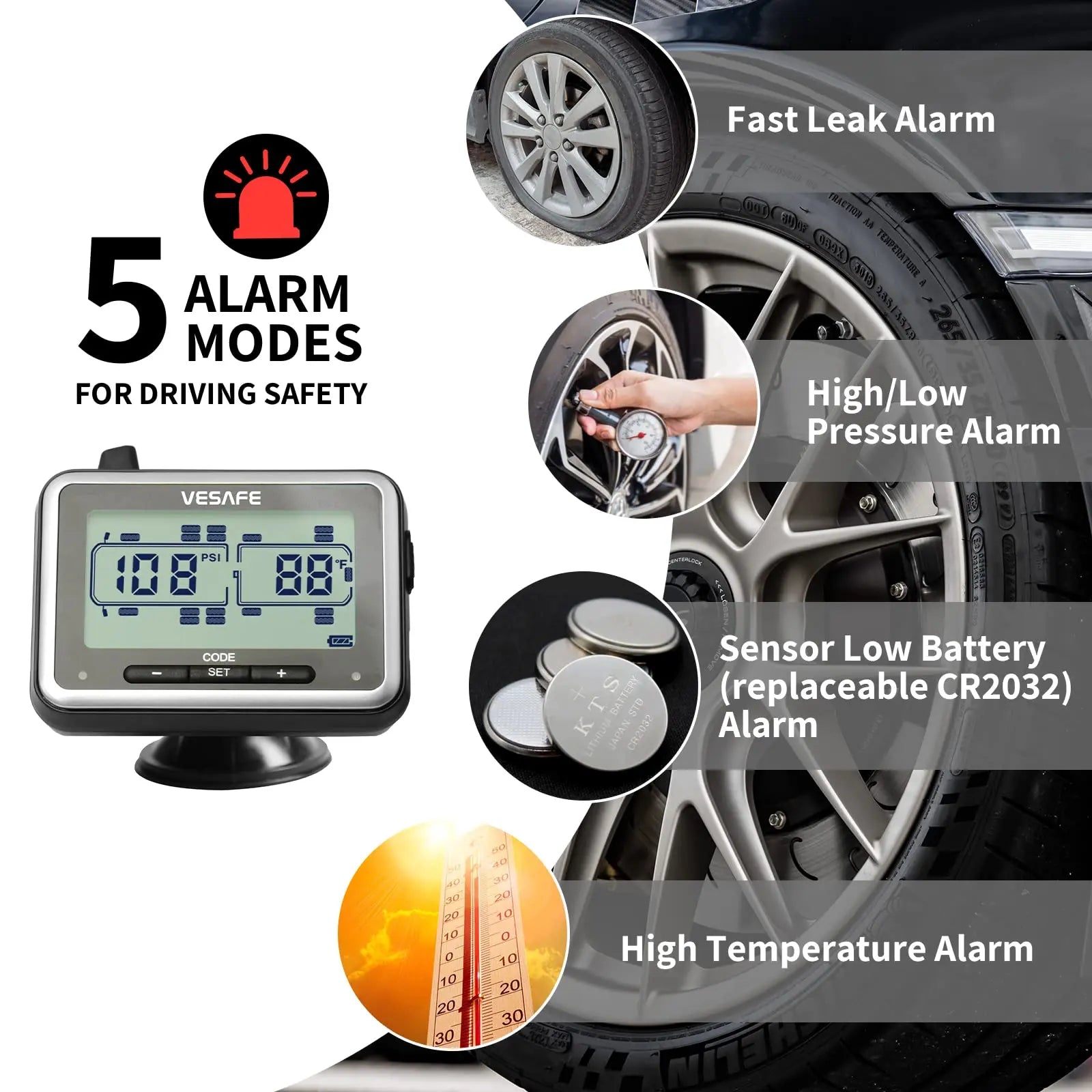 VESAFE TPMS, Wireless Tire Pressure Monitoring System for RV, Trailer, Coach, Motor Home, Fifth Wheel, with 4 Anti-Theft sensors VESAFE