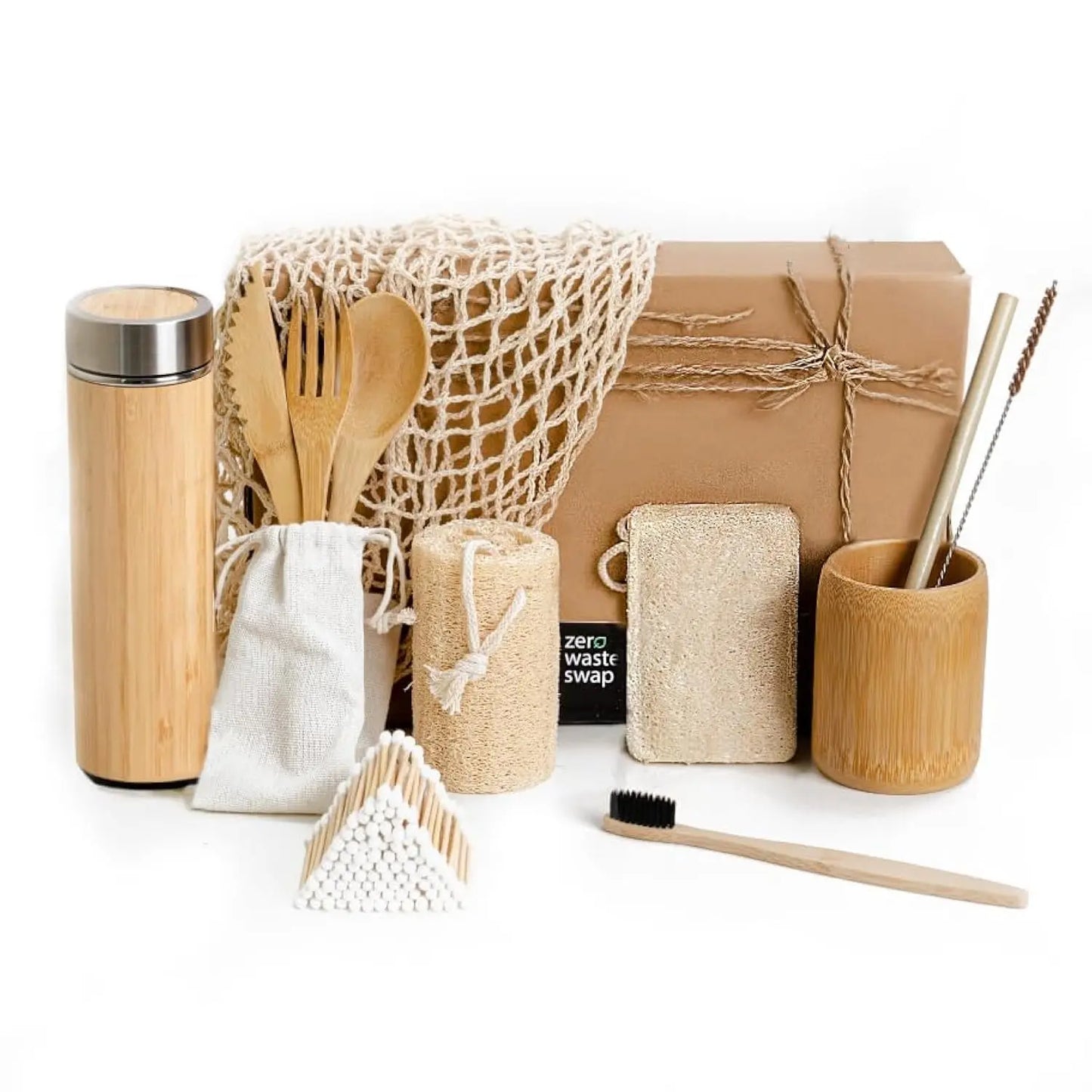 Zero Waste Starter Kit | Sustainable Gifts | Bamboo Stainless Steel Thermos | Mesh Bag | Eco-Friendly Gift Set | Reusable & Biodegradable Environmental Home Kitchen Products | Low Waste Packaging - Planet First Market