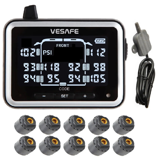 VESAFE TPMS, Wireless Tire Pressure Monitoring System for RV, Trailer, Coach, Motor Home, Fifth Wheel, Including 10 Anti-Theft sensors. VESAFE