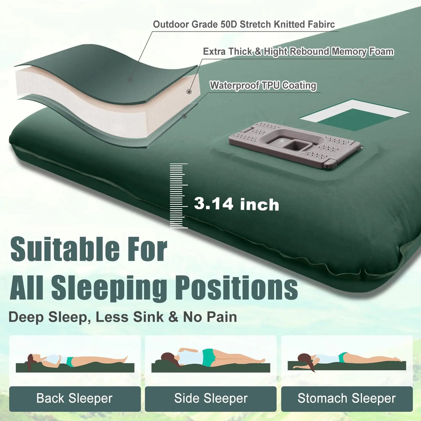 Self Inflating Sleeping Pad with Electric Pump, 3.14" Ultra-Thick Memory Foam Sleeping Mats for Camping,Easy Inflate&Deflate,9.5 R-Value Insulated Camping Mattress Pad with Pillow for Car Travel Tent NYECHTO