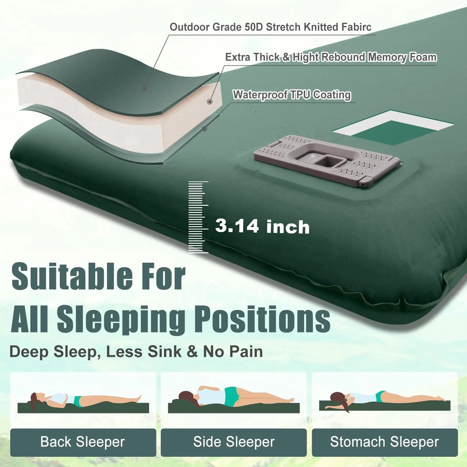 Self Inflating Sleeping Pad with Electric Pump, 3.14" Ultra-Thick Memory Foam Sleeping Mats for Camping,Easy Inflate&Deflate,9.5 R-Value Insulated Camping Mattress Pad with Pillow for Car Travel Tent NYECHTO