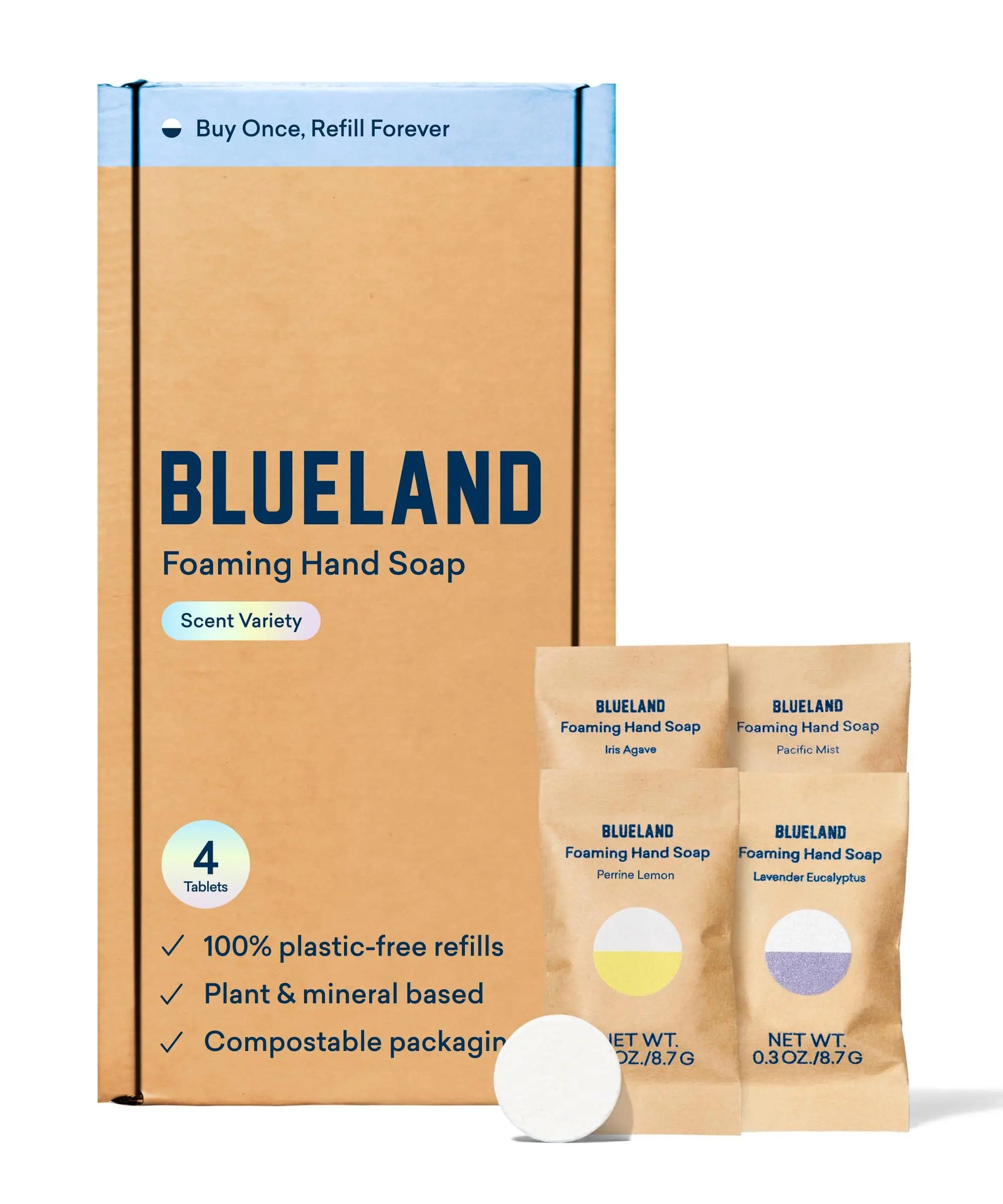 BLUELAND Foaming Hand Soap Refill Tablets, 4-Pack, Variety Scents, Eco Friendly Cleaning Products, 4 x 9 Fl oz BLUELAND